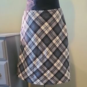 Hillard and Hanson Wool Blend Plaid A-Line Skirt in Black, White, Blue Size 14